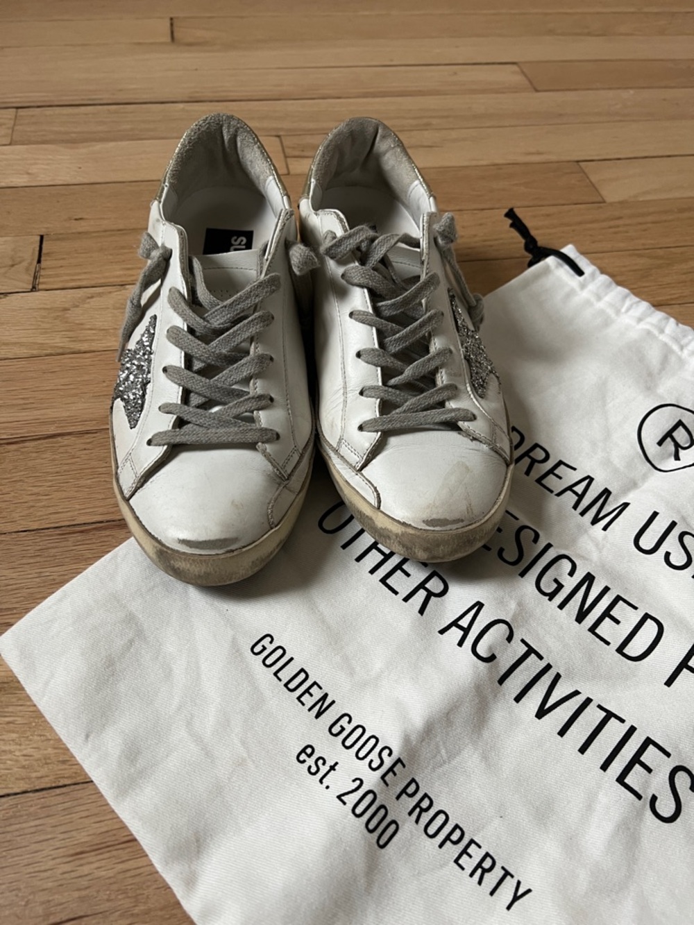 Golden Goose White Leather Sneakers with Silver Glitter Star and Gold Heel - Picture 5 of 5